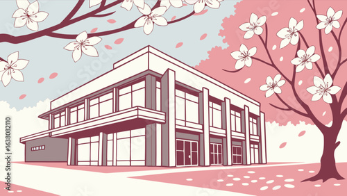 Illustration of a modern building with cherry blossom trees in full bloom around it in spring season