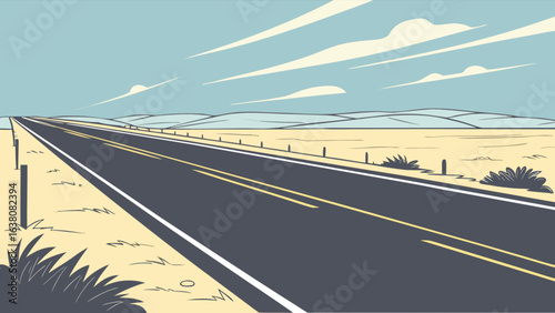 A long straight road stretches into the distance under a blue sky with sparse clouds and desert landscape