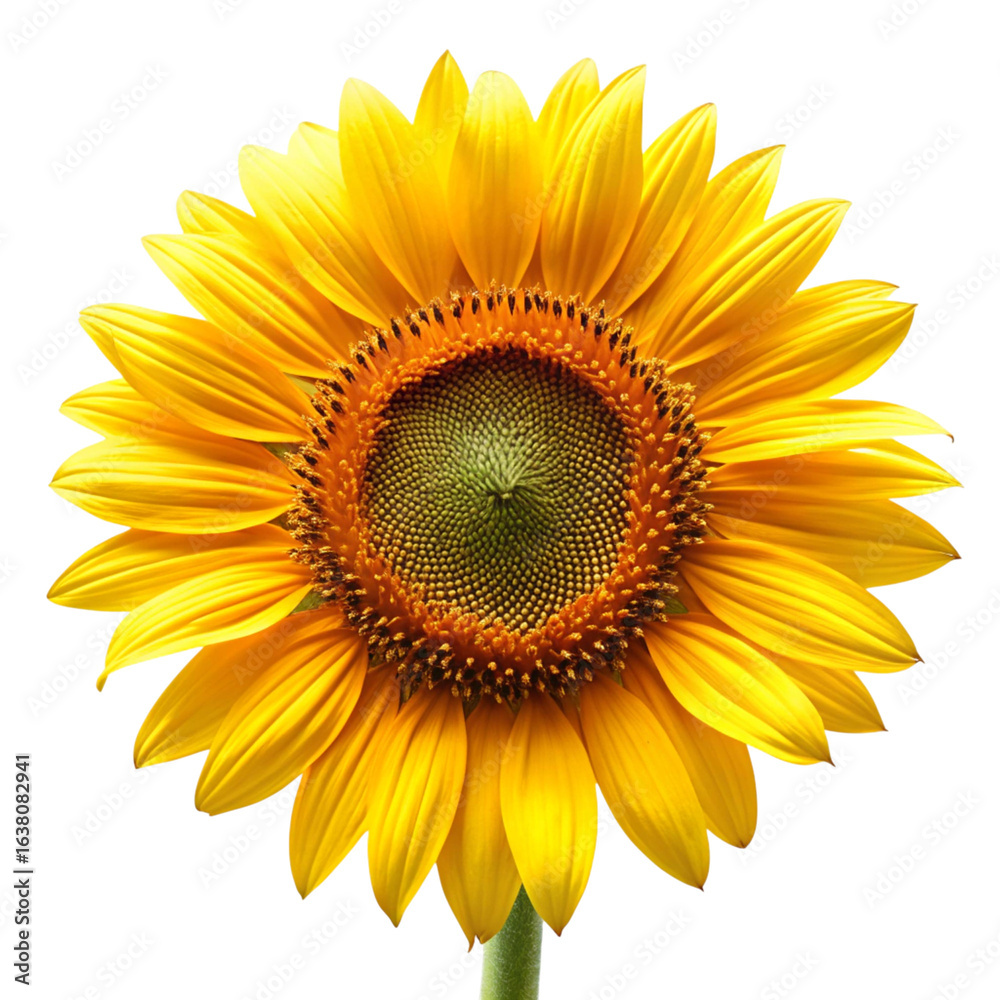 Fototapeta premium Isolated Bright Sunflower with Stem on Transparent Background, Yellow Petals and Textured Center