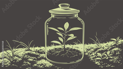 Illustration of a plant growing inside a glass jar with lid surrounded by moss and grass outdoors