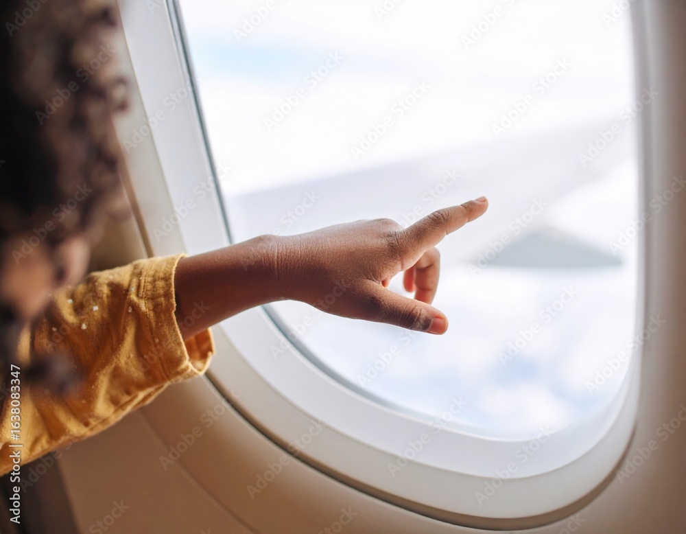 Obraz premium Child Pointing At Clouds Through Airplane Window