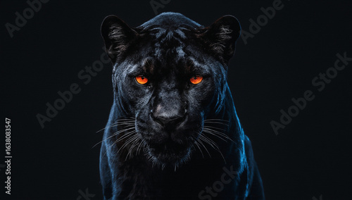 A powerful black panther stares intensely forward with glowing orange eyes against a dark background.
