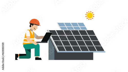 Technician with laptop inspecting solar panels installation under the sun on a bright sunny day