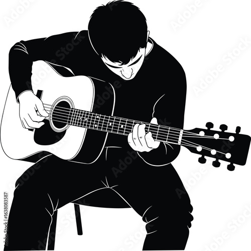 Man playing acoustic guitar, black and white silhouette illustration, musician performing, sitting on chair, strumming guitar strings, music vector artwork, artistic design