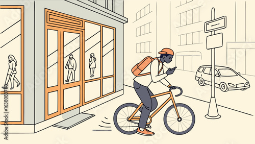 Person on bicycle looking at phone near store and street with car and pedestrians illustration