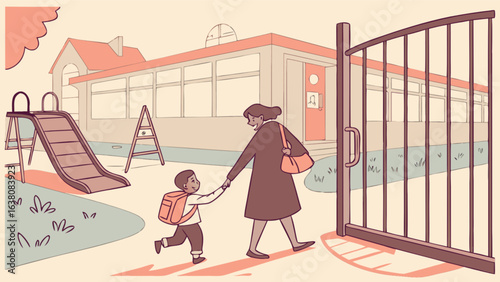 Illustration of a mother and child walking hand in hand towards the school gate on a sunny day scene