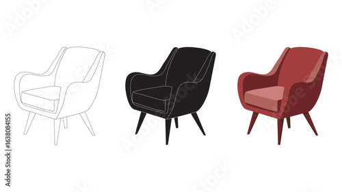Illustration of the Lawson Chair isolated on white, Black and white, redesigned.