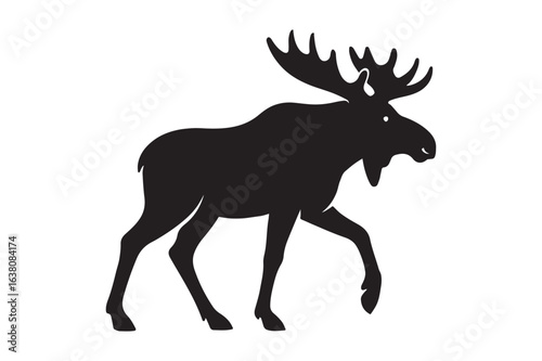 A bold black silhouette of a majestic walking bull moose with large antlers, presented as a clean vector graphic isolated on white.