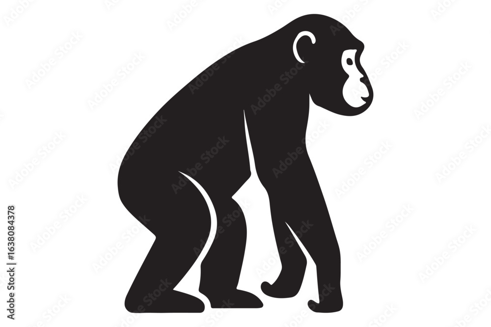 Fototapeta premium Simple black vector icon of a standing chimpanzee. Isolated primate silhouette for wildlife and zoology concepts.