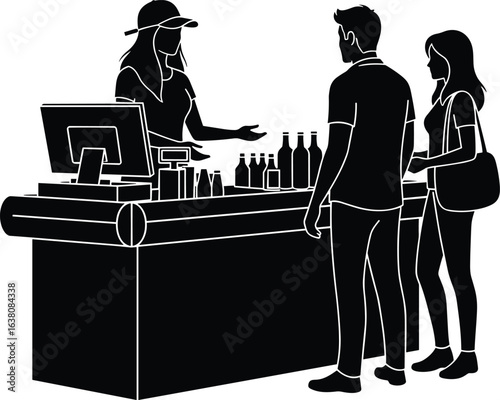 Silhouette cashier at supermarket checkout counter, scanning products, serving customers, payment transaction, grocery shopping, black and white vector illustration, retail service
