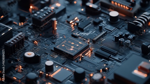 Detailed view of a high-tech circuit board with glowing elements and intricate components