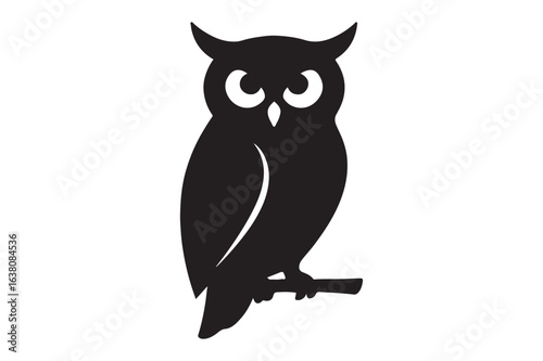 A stylized black silhouette of a horned owl perched on a branch. This minimalist vector icon represents wisdom, knowledge, and the nocturnal world.