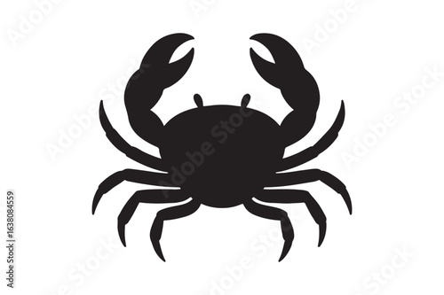 Black silhouette of a crab with raised claws, an icon for seafood or marine wildlife isolated on a white background.