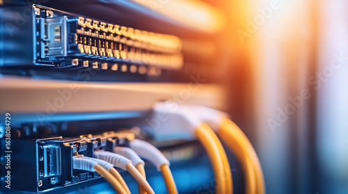 High-tech LAN cables connect modern server equipment in a data center environment showcasing advanced technology for communication networks