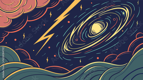 Stylized depiction of a stormy night sky with lightning and celestial rings above rolling hills