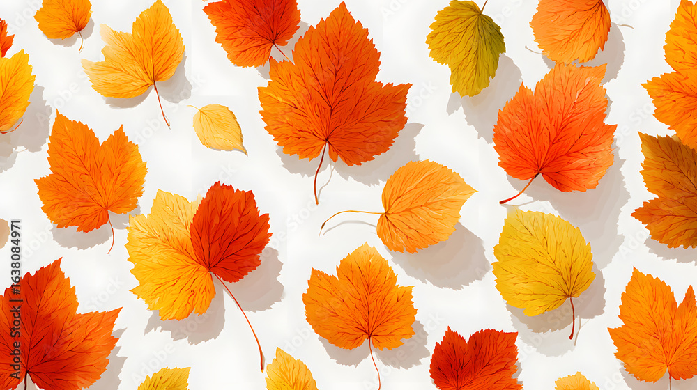 Obraz premium Autumn leaves in various shades of orange and yellow falling and scattered on a white background. Perfect for seasonal themes and designs.
