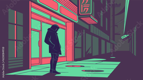 Person in a hooded coat standing in front of a storefront on an empty city street at night time scene