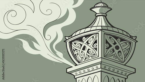 Ornate tower with decorative carvings emitting smoke against a muted green background in a cartoon style