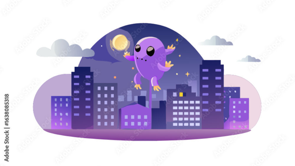 Obraz premium A purple cartoon monster is jumping over a city skyline at night with a moon and stars shining bright