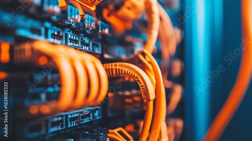 Close up of organized orange LAN cables connected to a server rack in a high tech room