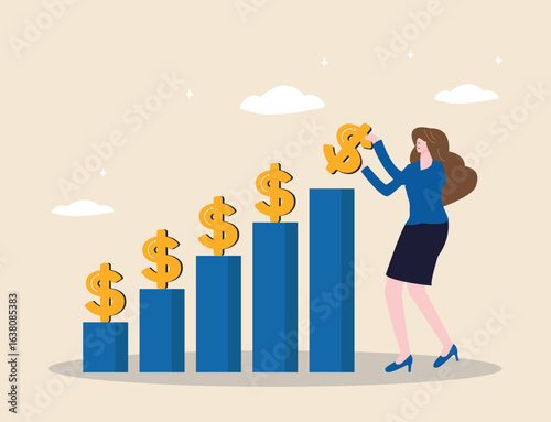 Investment dividend growth, increasing profits and earnings, savings and interest rates, capital gains concept, businesswoman adding a dollar symbol to a financial growth chart.