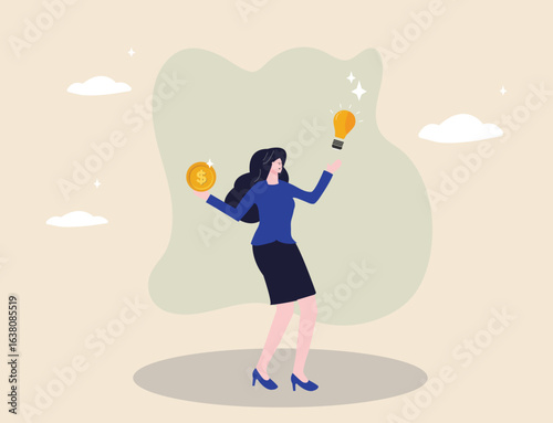 Loan interest rates, lending, financing, economic growth, income tax computation, debt management, investment concept, businesswoman holding a dollar coin with an idea symbol.