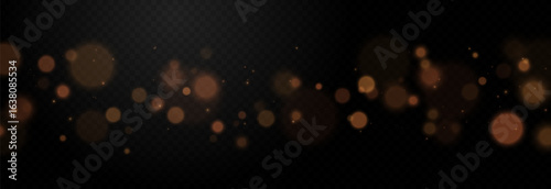 Magic gold effect with golden glowing bokeh. Light effect. Christmas bokeh png. Christmas glowing background.