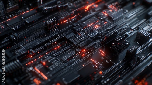 High-tech software information technology illustration showcasing circuit board with red glowing lights and dark tones