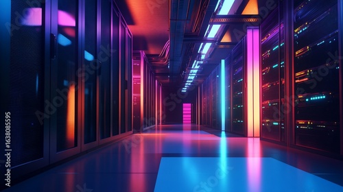 Data center illuminated by vibrant neon lights showing server racks and organized cables