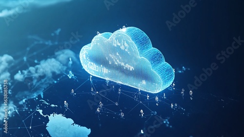Digital cloud computing global network connection data transfer with world map and icons