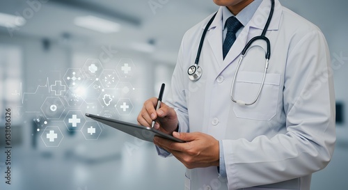 Doctor using tablet with futuristic medical interface and heartbeat graph
