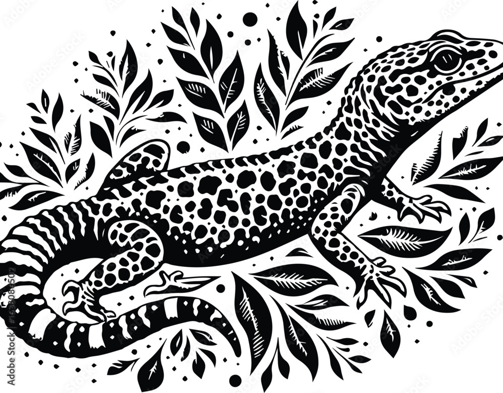 Obraz premium Black and White Leopard Gecko with Floral Accents