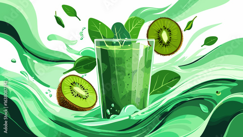 Fresh green smoothie with kiwi and spinach in a vibrant splash design