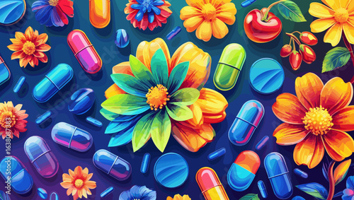 Vibrant composition of colorful flowers and capsules on a blue background