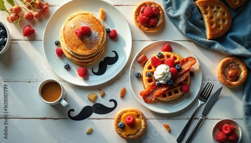 Wallpaper Mural Father Day breakfast spread on white wood table. Delicious pancakes, waffles with bacon, berries, cream, coffee. Includes tarts, sausages, fruits, cinnamon buns. Masculine theme with mustache. Torontodigital.ca