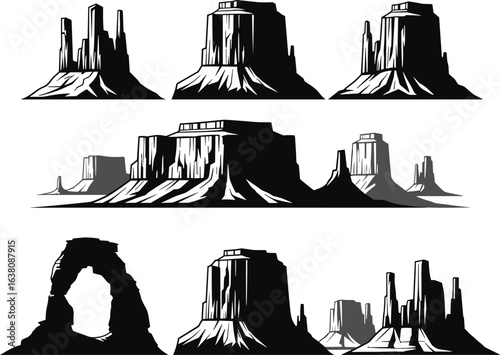 Monument Valley rock formations silhouette, desert mesa illustration, canyon landscape vector art, western nature clipart, sandstone buttes and arches design