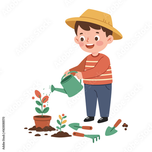 Adorable young boy wearing a straw hat and smiling while watering a potted plant, gardening as a children's hobby