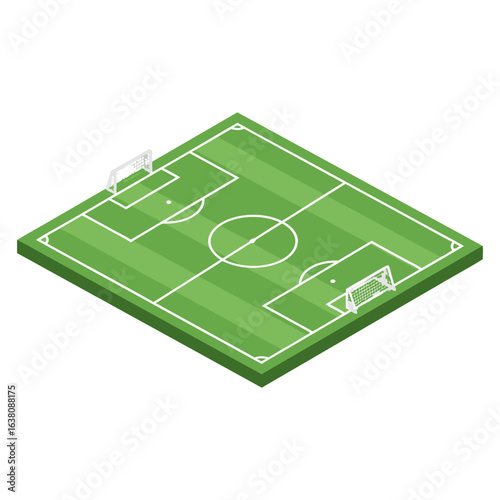 An empty green soccer field with goalposts and markings, depicted in a clean isometric vector illustration.
