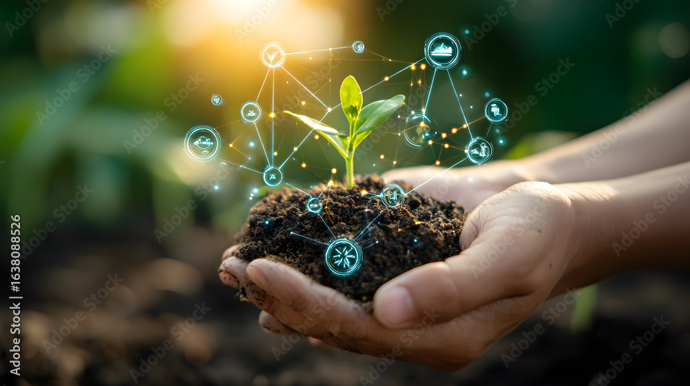 Fototapeta premium Hands Holding Soil with Sprout and Digital Network Icons Overlay