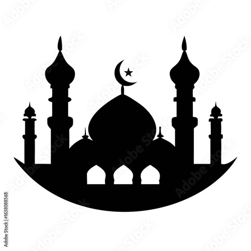 a silhouette of a Ramadan mosque with multiple minarets and domes