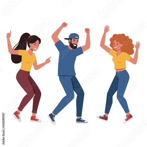 Group of happy young friends dancing and celebrating at a party, joyful people in casual clothes having fun together.