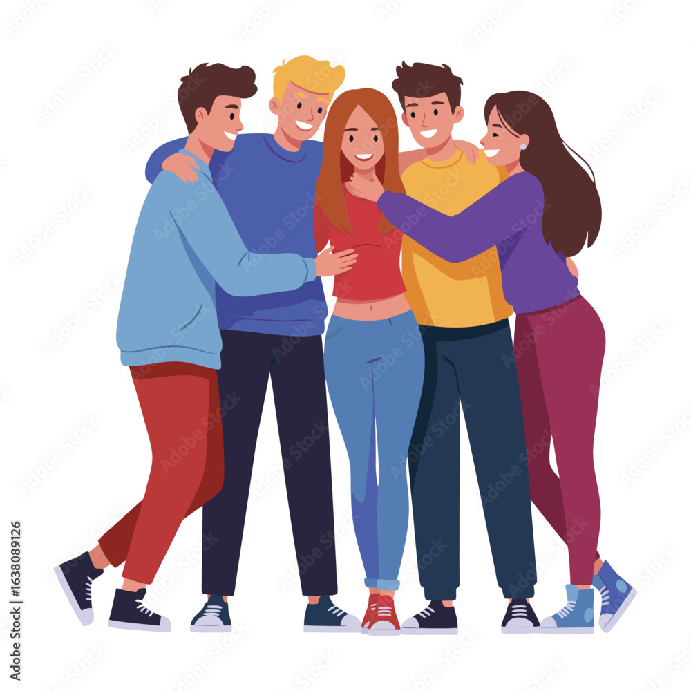Fototapeta premium A close-knit group of five diverse young friends sharing a joyful group hug, celebrating their strong bond, community, and togetherness.