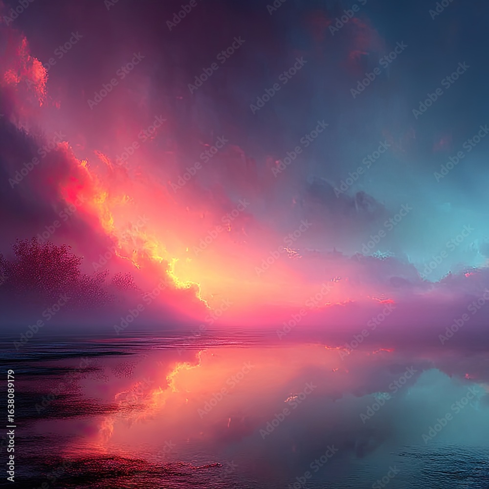 Fototapeta premium Moody Pink And Blue Gradient Sunset Over Calm Water