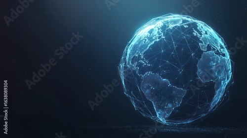 Glowing blue polygonal globe hologram on dark background. 3D Rendering
