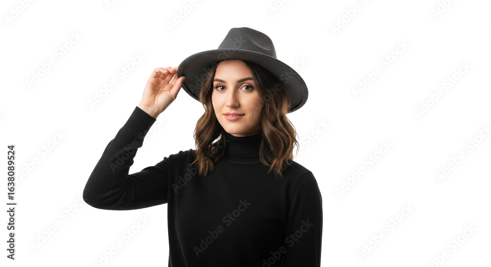 Brünette Frau – Hand am Hut, transparenter Hintergrund, PNG Brünette Frau – Hand am Hut, transparenter Hintergrund, PNG