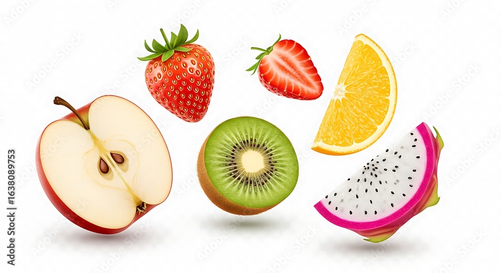 Naklejka premium Fruit Variety Display – Strawberry, Orange, Apple, Kiwi, and Dragon Fruit