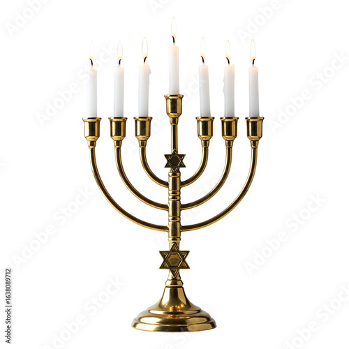 Classic gold menorah with lit candles on transparent background for Hanukkah celebration  