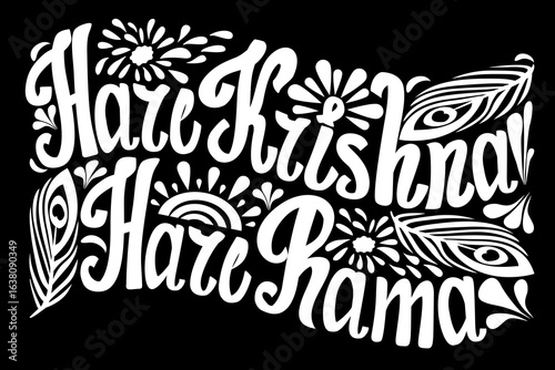 Bold calligraphy Hare Krishna Hare Rama in monochrome with floral ornaments, sunrise and peacock feathers. Minimalist vector for meditation, bhakti or mantra art projects.