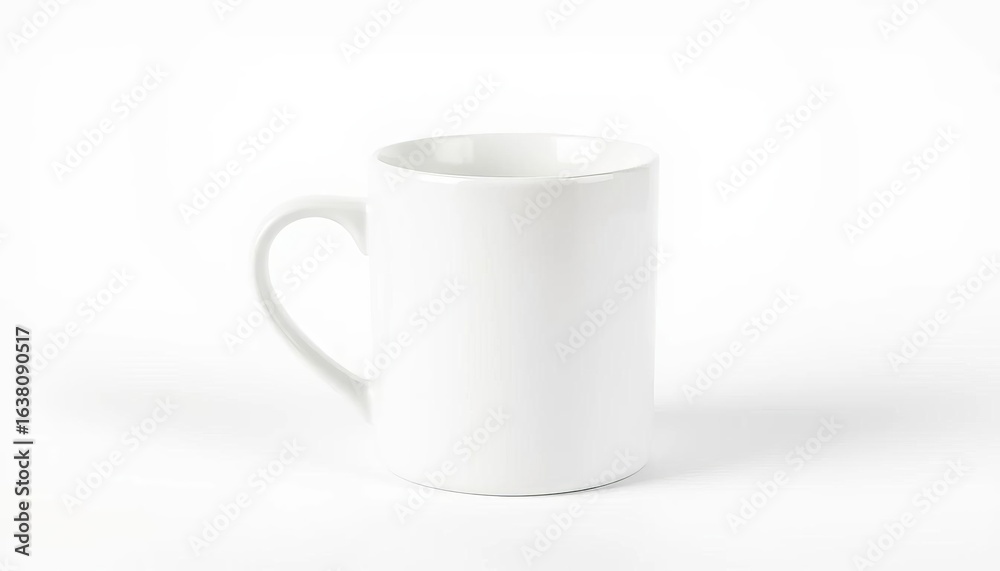 Fototapeta premium A pristine white ceramic mug, clean lines, smooth surface, isolated on plain background, tableware, blank