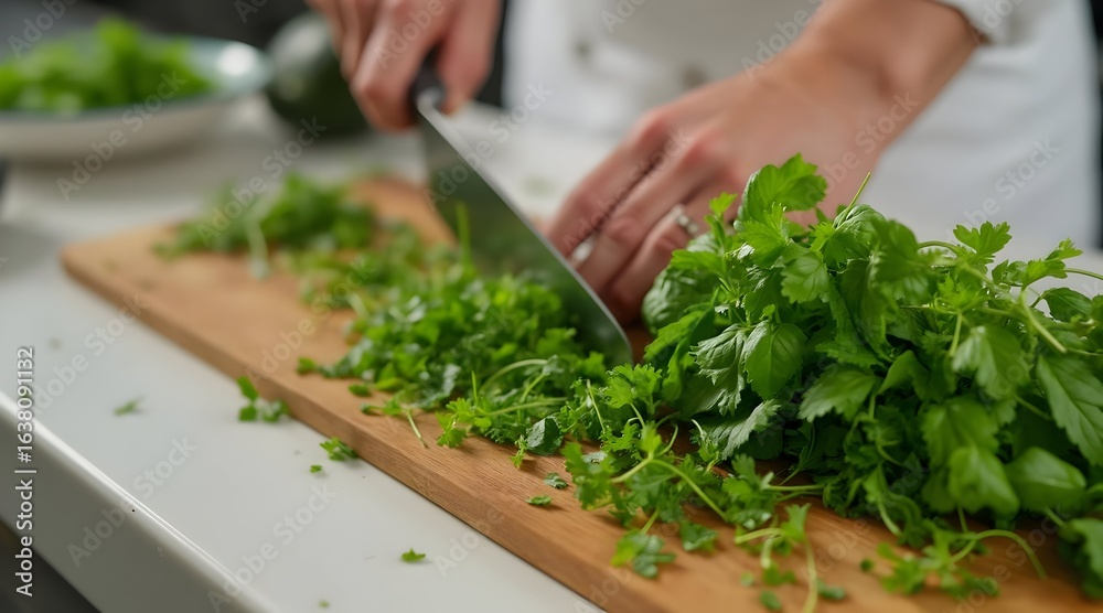 Woman Chopping Fresh Green Herbs on Wooden Board in Kitchen Woman Chopping Fresh Green Herbs on Wooden Board in Kitchen